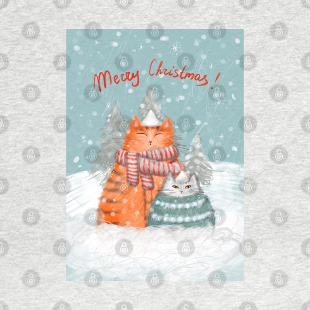 Merry Christmas greeting winter card with cute fluffy cats in red Santa hats and scarves. by Olena Tyshchenko